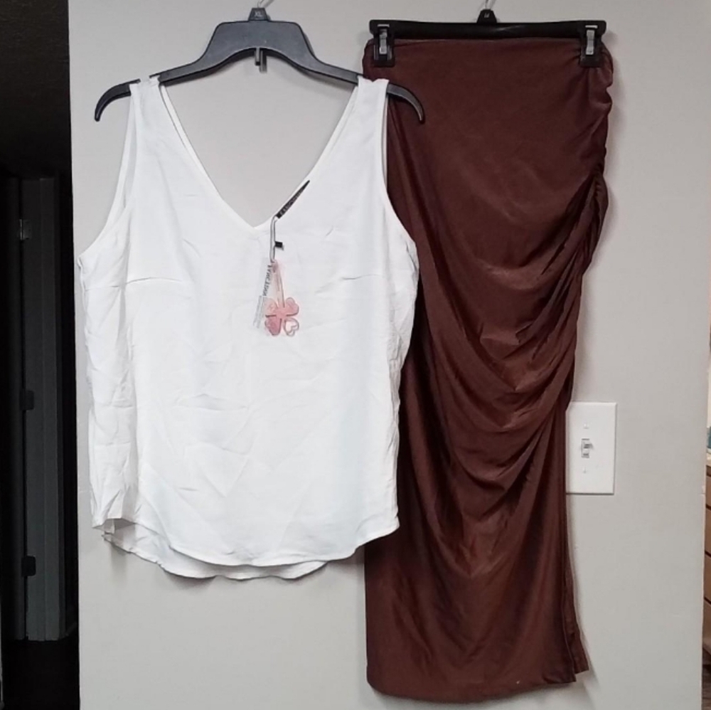 NWT! FAN INK White Sleeveless Top With Elegant Brown Maxi Skirt Set Size XL
